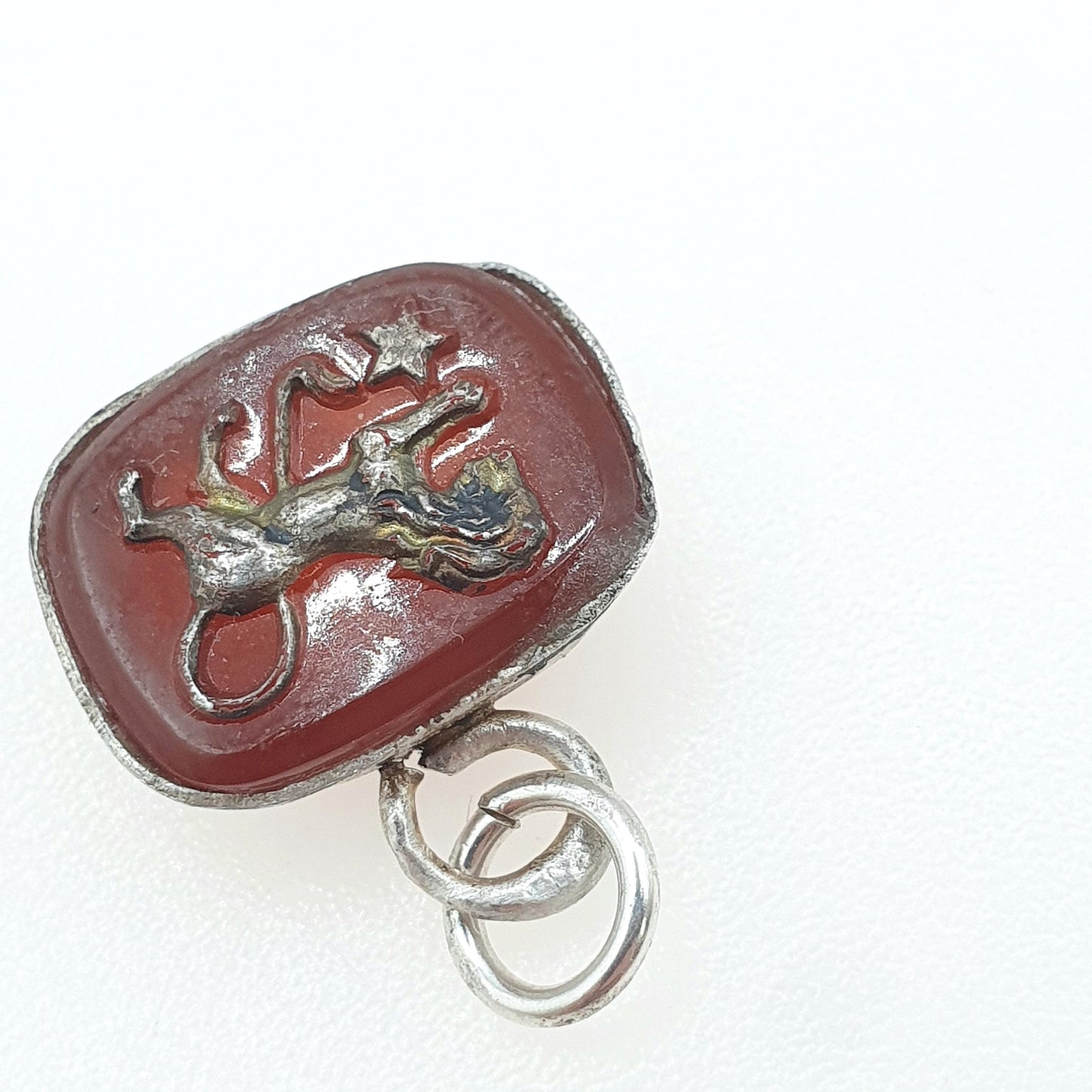 Antique Solid Silver Leo Zodiac Pendant Glass Cameo Lion July August Star Sign Art Deco Vintage Mens Womens Jewellery Jewelry
