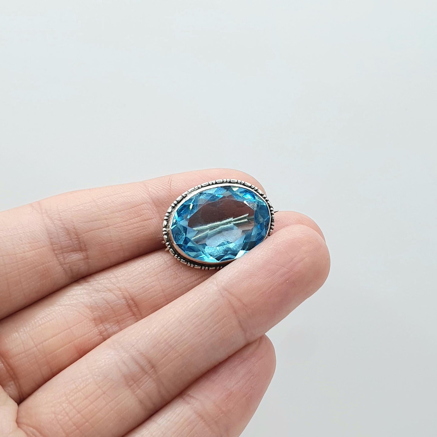 Antique Art Deco Solid Silver Aquamarine Paste Brooch Large Oval Cut Cyan Blue Vintage Retro Womens Mens Jewelry Jewellery