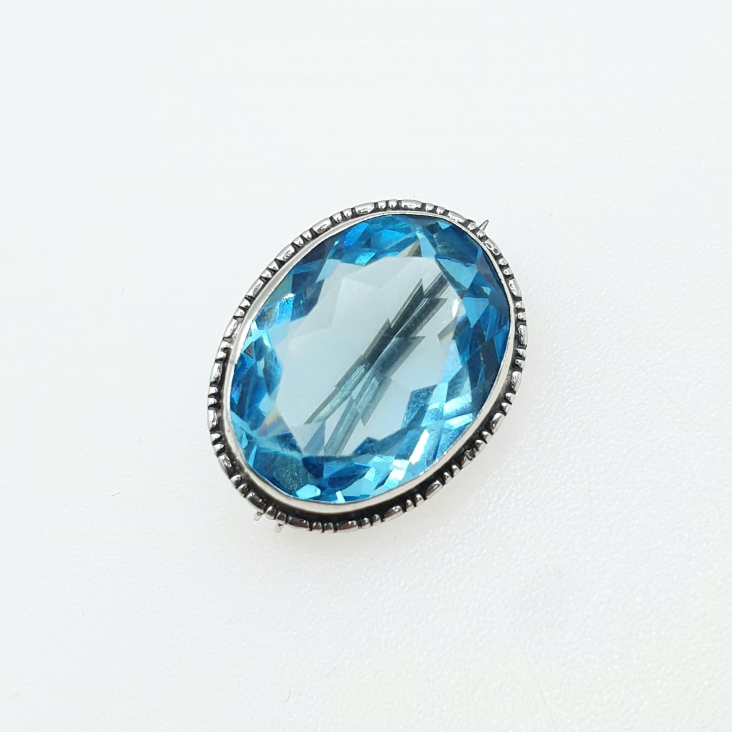 Antique Art Deco Solid Silver Aquamarine Paste Brooch Large Oval Cut Cyan Blue Vintage Retro Womens Mens Jewelry Jewellery