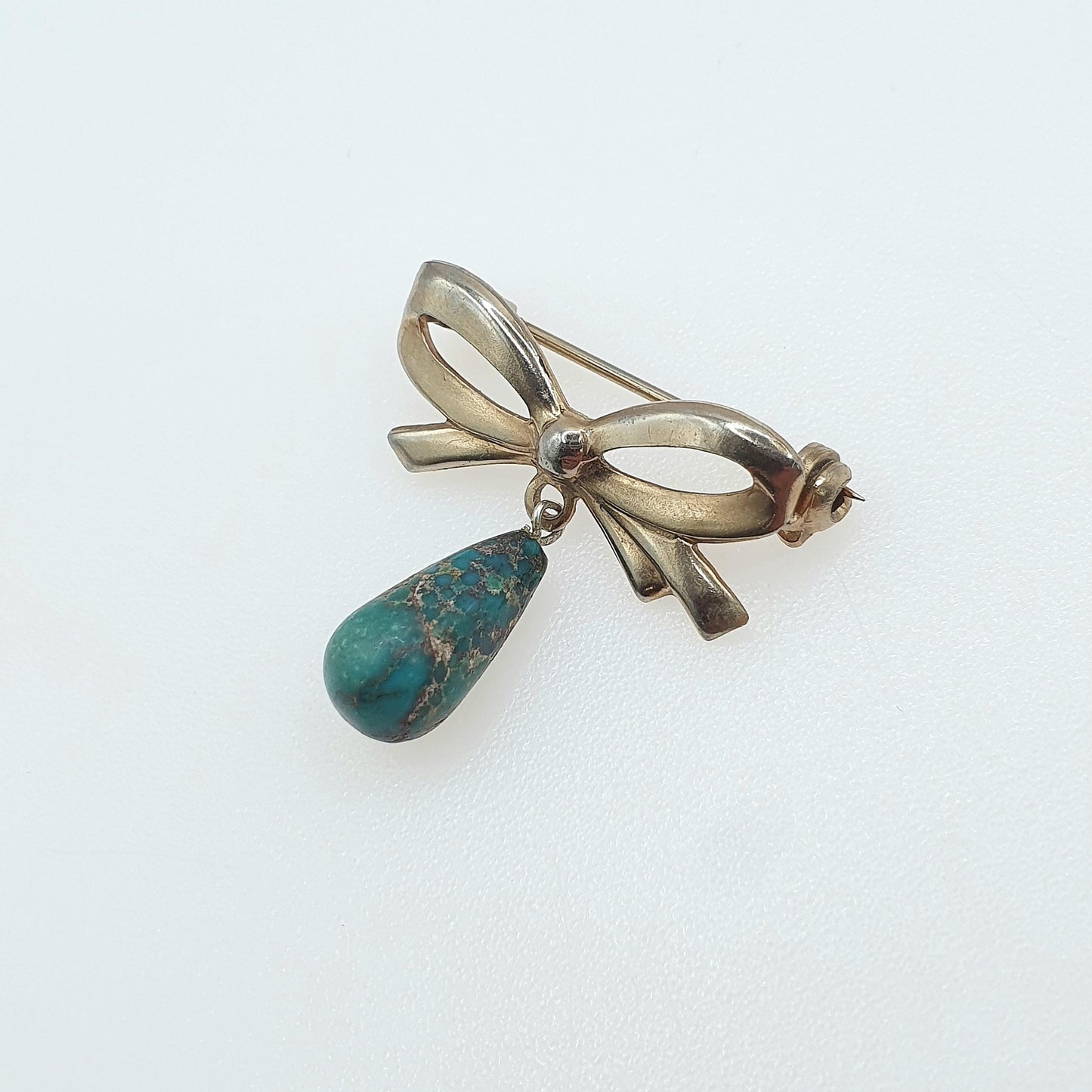 Antique Gold Gilt Natural Turquoise Bow Brooch Art Deco Gold Plated Genuine Gemstone Teardrop Womens Jewelry Jewellery Vintage
