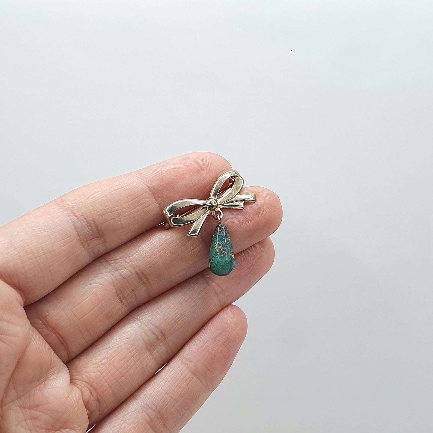 Antique Gold Gilt Natural Turquoise Bow Brooch Art Deco Gold Plated Genuine Gemstone Teardrop Womens Jewelry Jewellery Vintage
