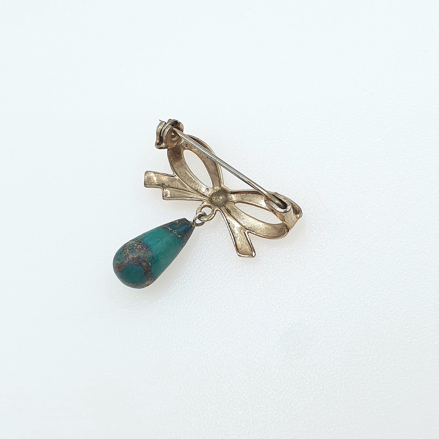 Antique Gold Gilt Natural Turquoise Bow Brooch Art Deco Gold Plated Genuine Gemstone Teardrop Womens Jewelry Jewellery Vintage