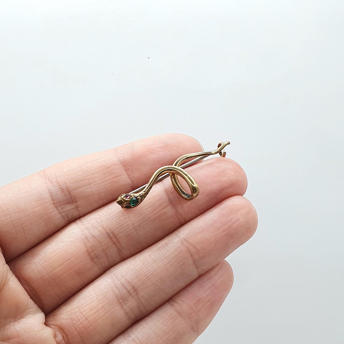 Antique Victorian 18ct Rolled Gold Snake Brooch Ruby and Emerald Paste Vintage Gold Filled Pin Womens Ladies Jewelry Jewellery