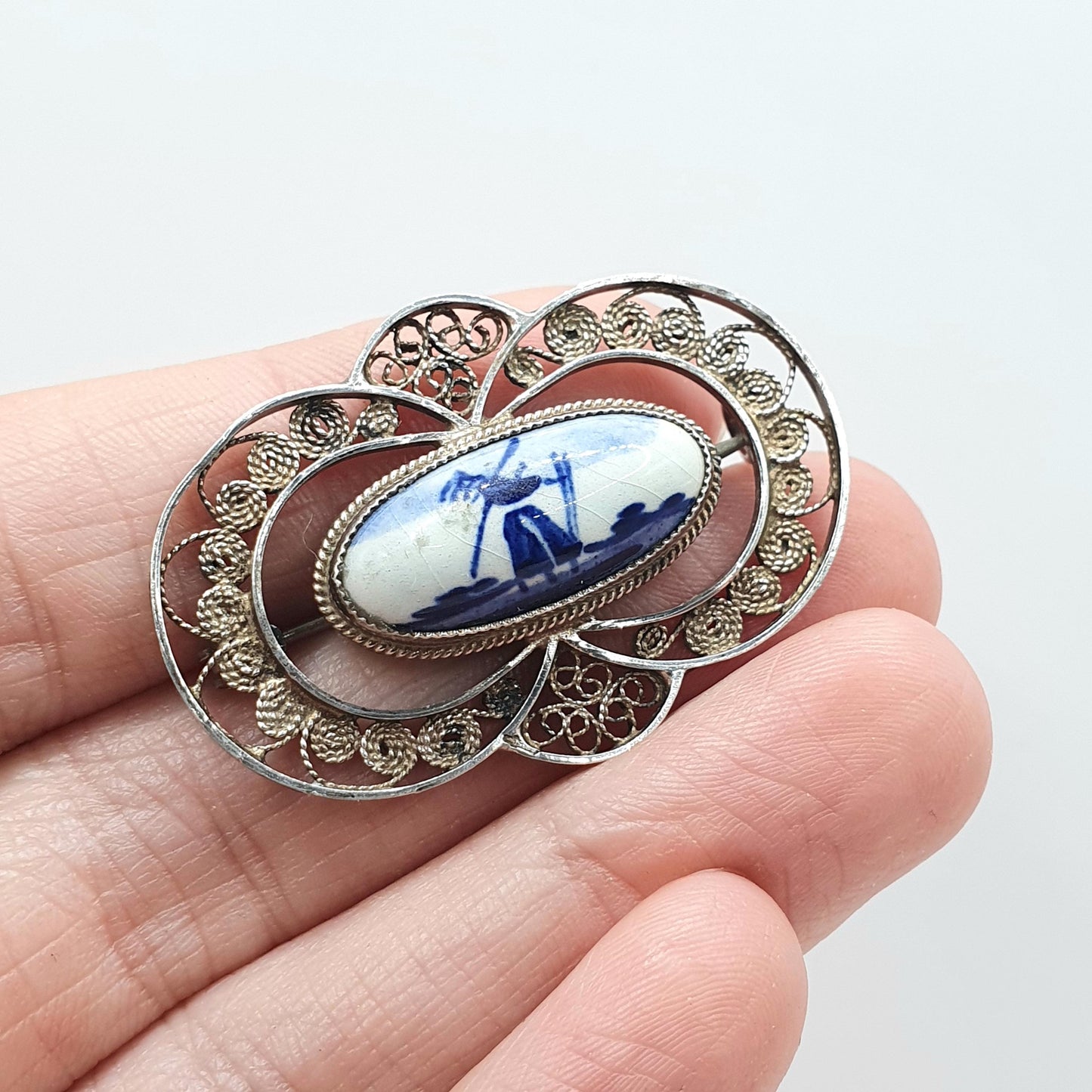Vintage Solid Silver Dutch China Brooch Windmill Scene and Filigree Blue Painted Womens Unisex Jewelry Jewellery