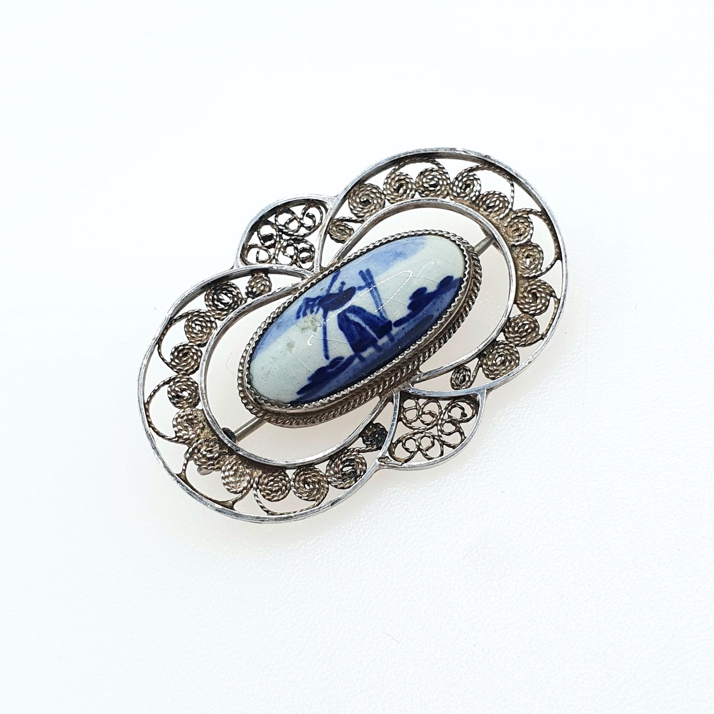 Vintage Solid Silver Dutch China Brooch Windmill Scene and Filigree Blue Painted Womens Unisex Jewelry Jewellery