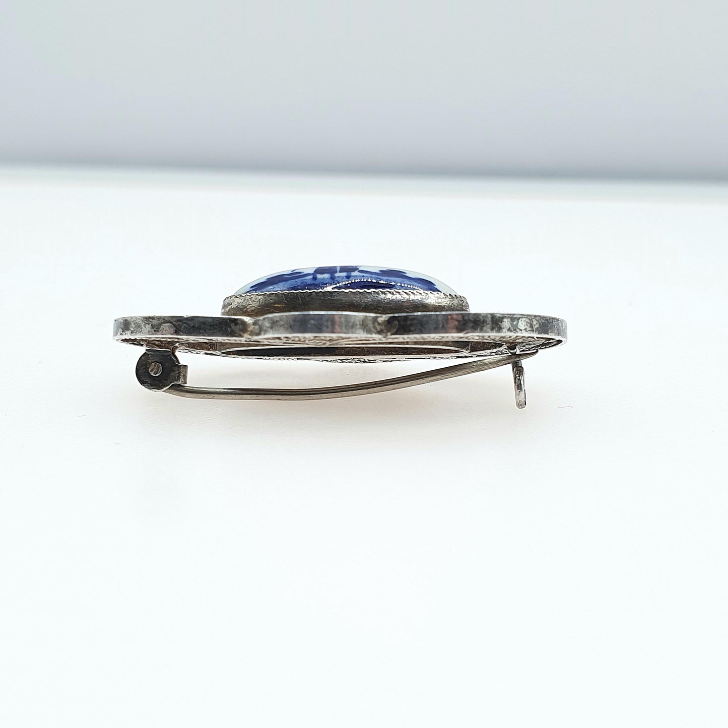 Vintage Solid Silver Dutch China Brooch Windmill Scene and Filigree Blue Painted Womens Unisex Jewelry Jewellery
