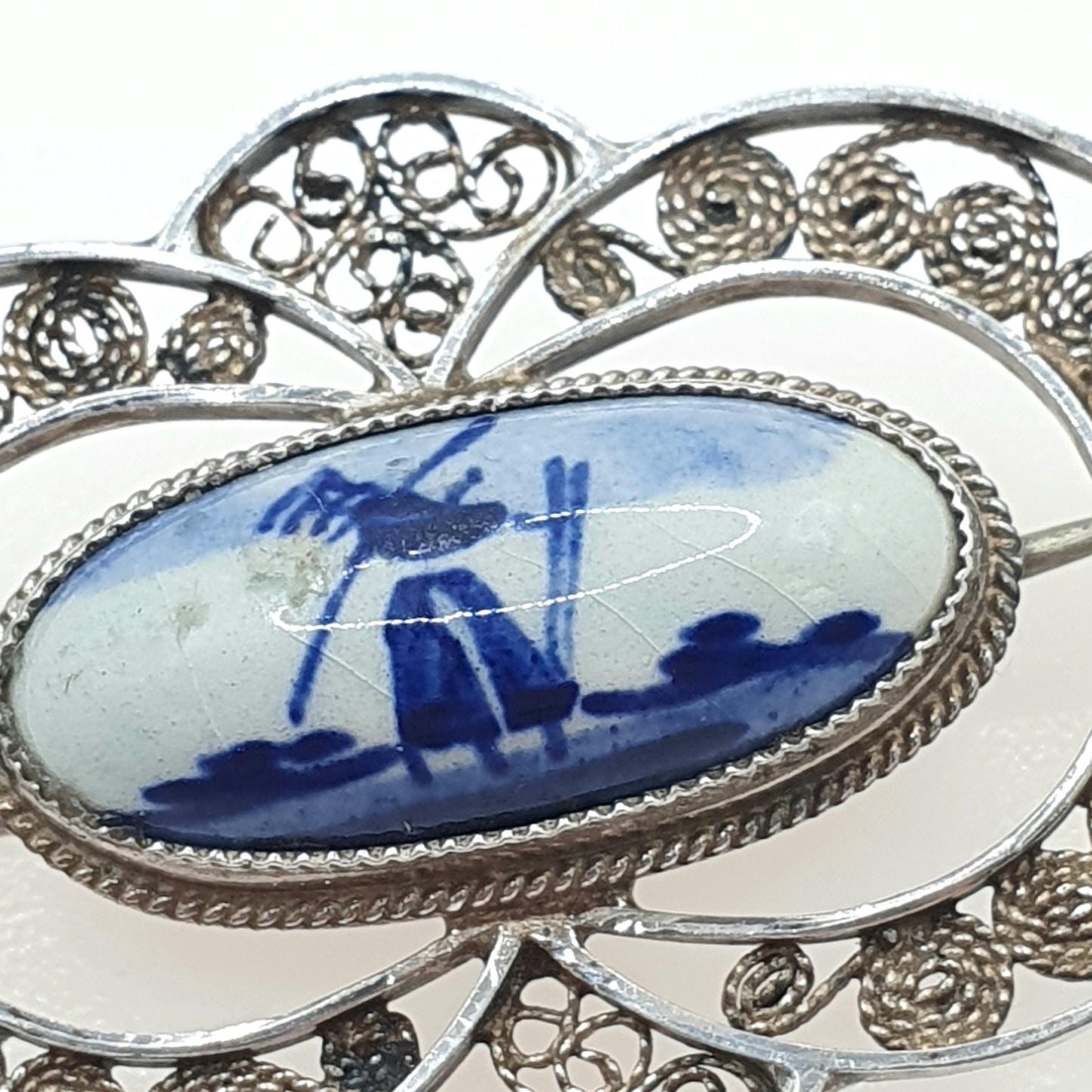 Vintage Solid Silver Dutch China Brooch Windmill Scene and Filigree Blue Painted Womens Unisex Jewelry Jewellery