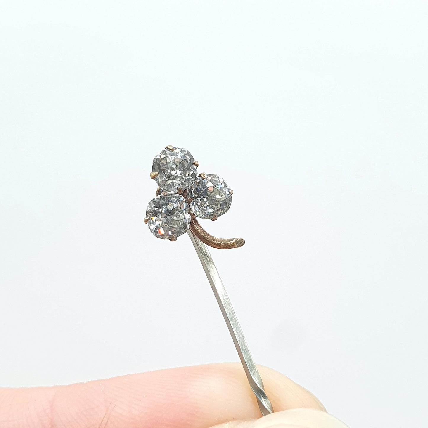 Antique Victorian Diamond Paste Clover Stick Pin Base Metal Irish Good Luck Lucky Mens Gents 1800s Jewelry Jewellery Old Vintage