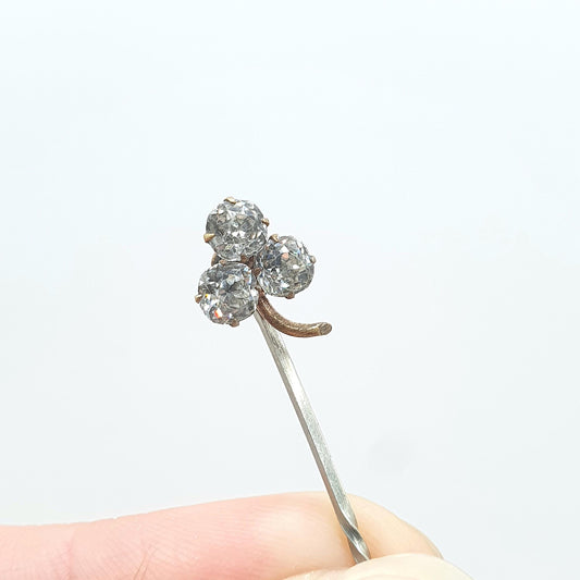 Antique Victorian Diamond Paste Clover Stick Pin Base Metal Irish Good Luck Lucky Mens Gents 1800s Jewelry Jewellery Old Vintage