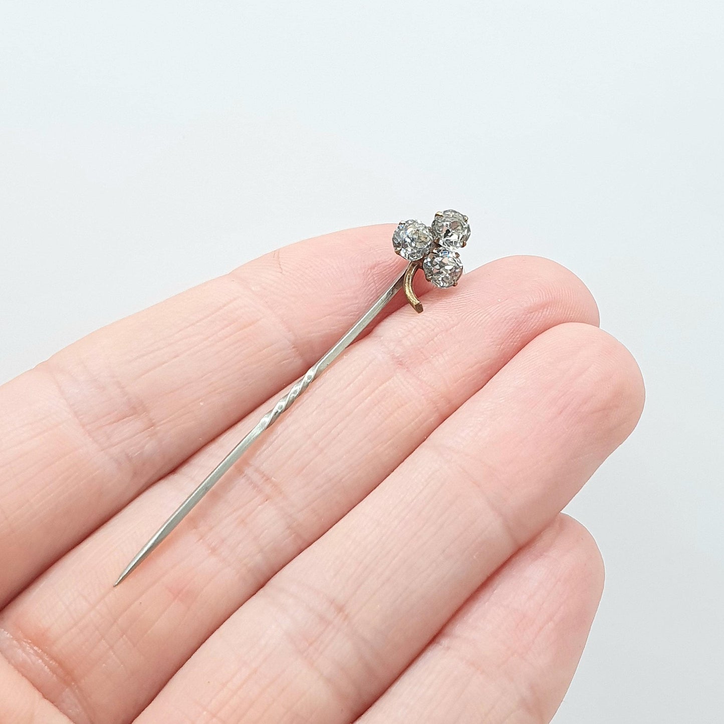 Antique Victorian Diamond Paste Clover Stick Pin Base Metal Irish Good Luck Lucky Mens Gents 1800s Jewelry Jewellery Old Vintage