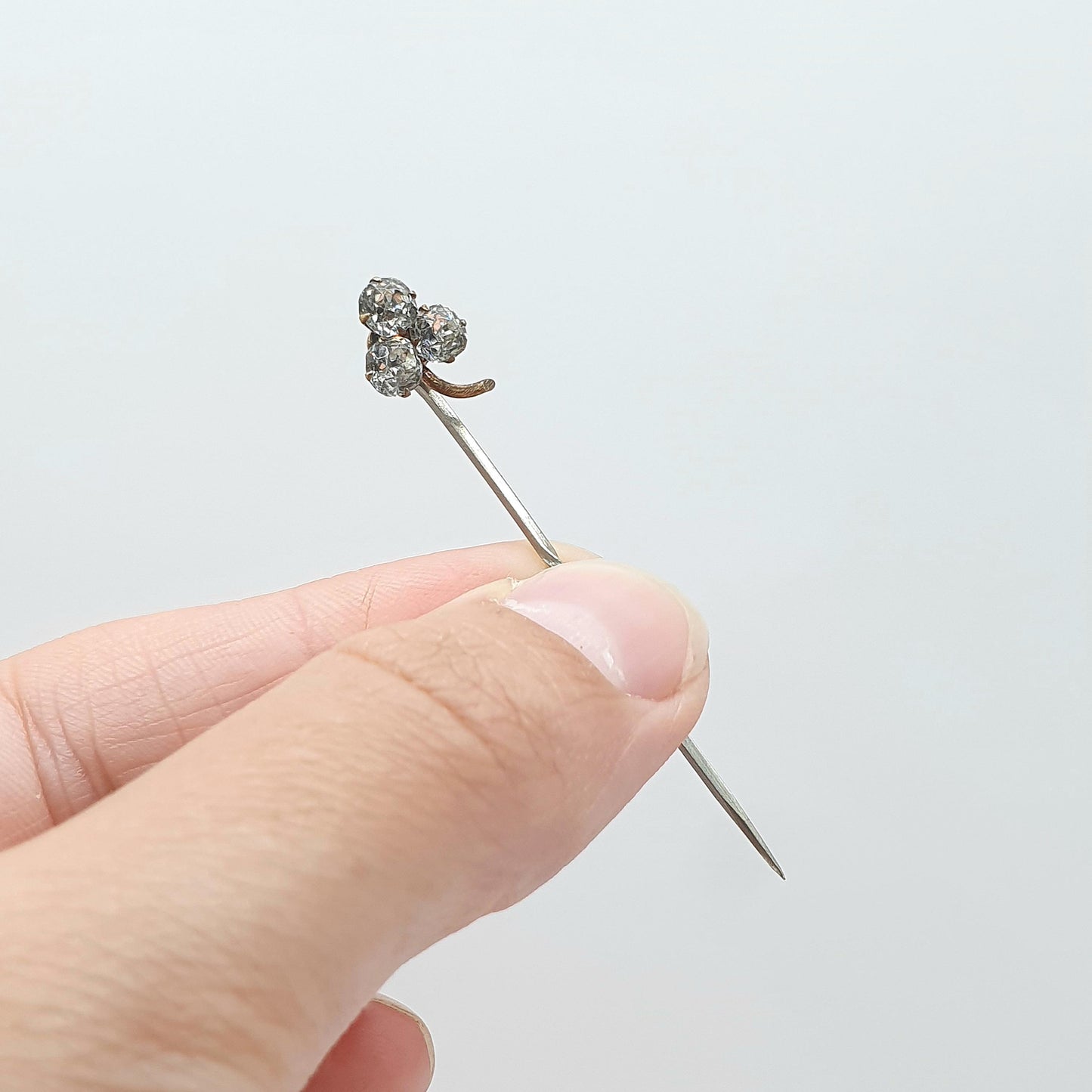Antique Victorian Diamond Paste Clover Stick Pin Base Metal Irish Good Luck Lucky Mens Gents 1800s Jewelry Jewellery Old Vintage