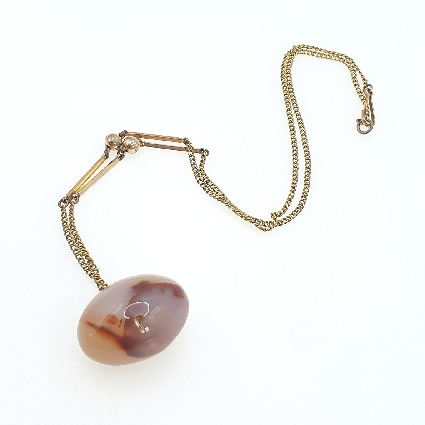 Antique Rolled Gold Agate Pendant Necklace Egg Shaped Natural Gemstone Edwardian Gold Filled Chain Link Womens Jewellery Jewelry 44cm 18.32g
