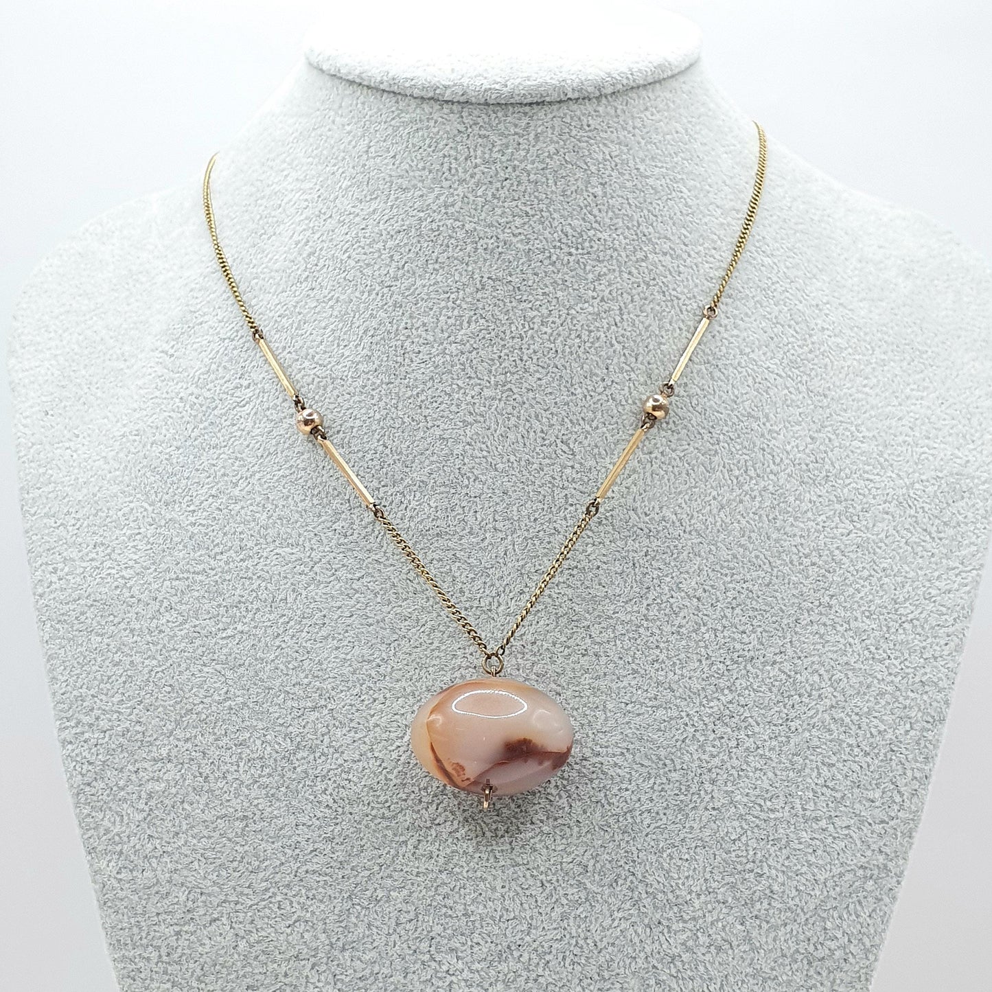 Antique Rolled Gold Agate Pendant Necklace Egg Shaped Natural Gemstone Edwardian Gold Filled Chain Link Womens Jewellery Jewelry 44cm 18.32g