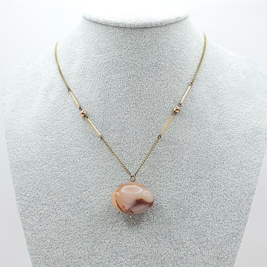 Antique Rolled Gold Agate Pendant Necklace Egg Shaped Natural Gemstone Edwardian Gold Filled Chain Link Womens Jewellery Jewelry 44cm 18.32g