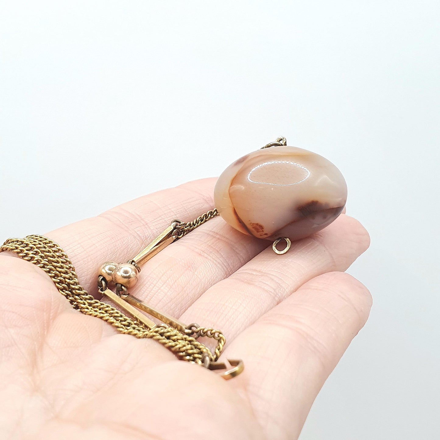 Antique Rolled Gold Agate Pendant Necklace Egg Shaped Natural Gemstone Edwardian Gold Filled Chain Link Womens Jewellery Jewelry 44cm 18.32g