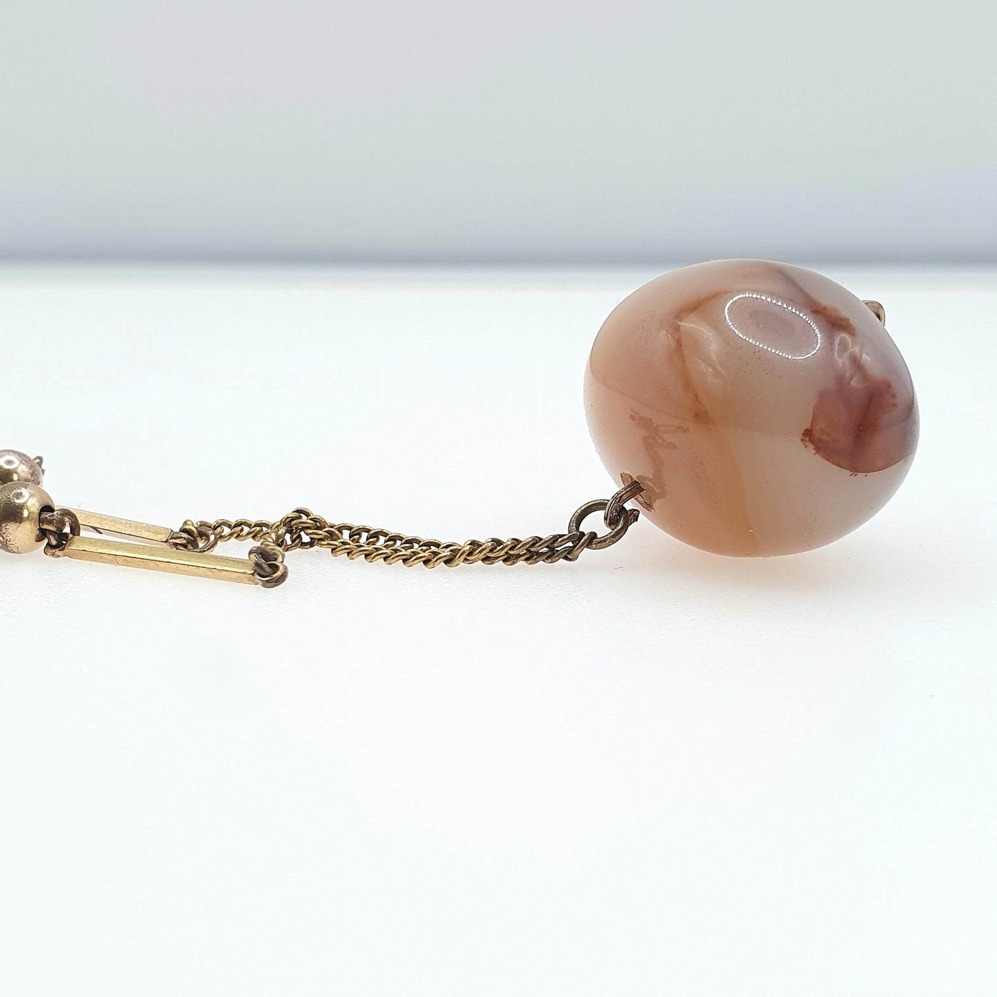 Antique Rolled Gold Agate Pendant Necklace Egg Shaped Natural Gemstone Edwardian Gold Filled Chain Link Womens Jewellery Jewelry 44cm 18.32g