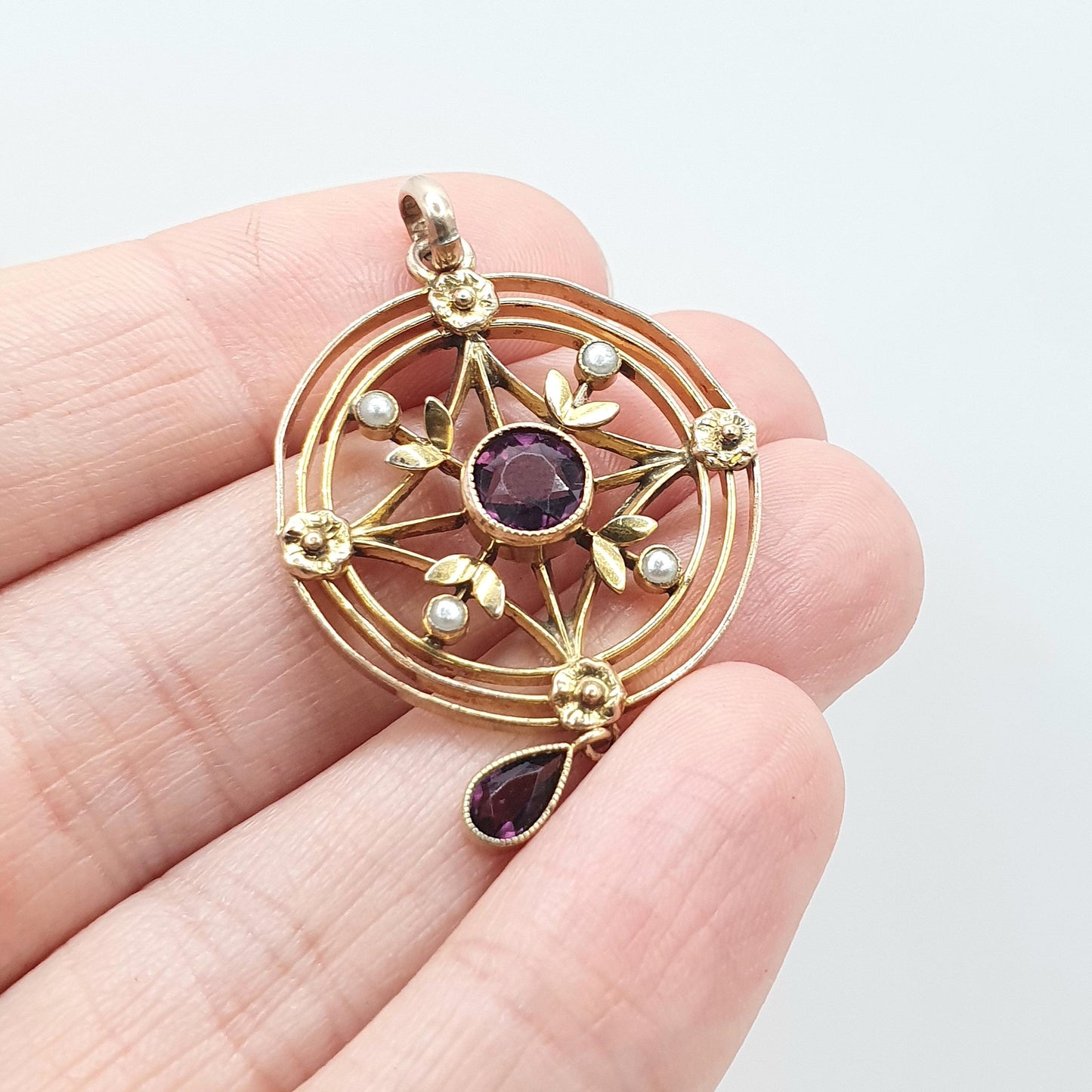 Antique Rolled Gold Amethyst Paste Pendant Faux Pearl Openwork Edwardian Target Art Nouveau Gold Filled Vintage Jewellery Jewelry