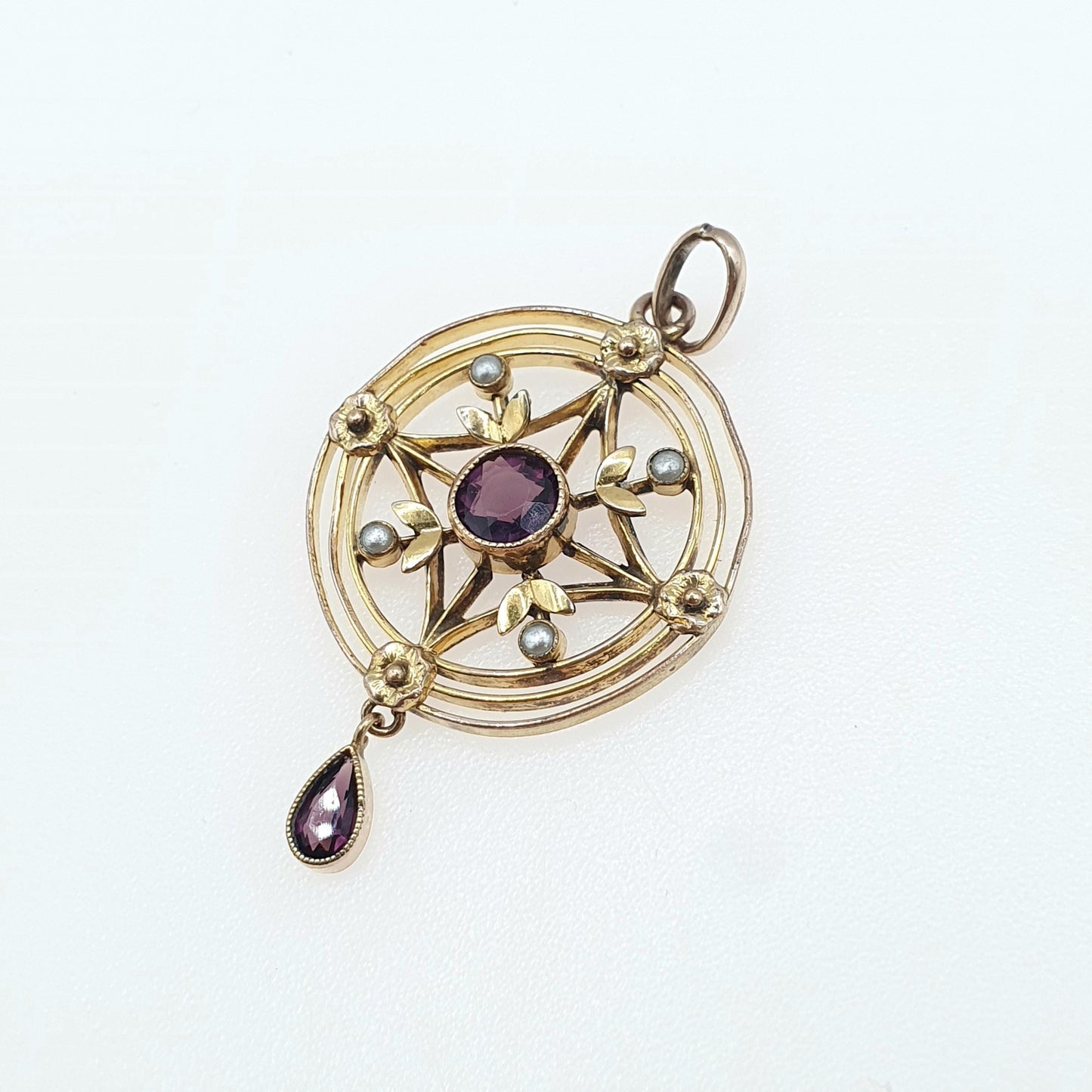Antique Rolled Gold Amethyst Paste Pendant Faux Pearl Openwork Edwardian Target Art Nouveau Gold Filled Vintage Jewellery Jewelry