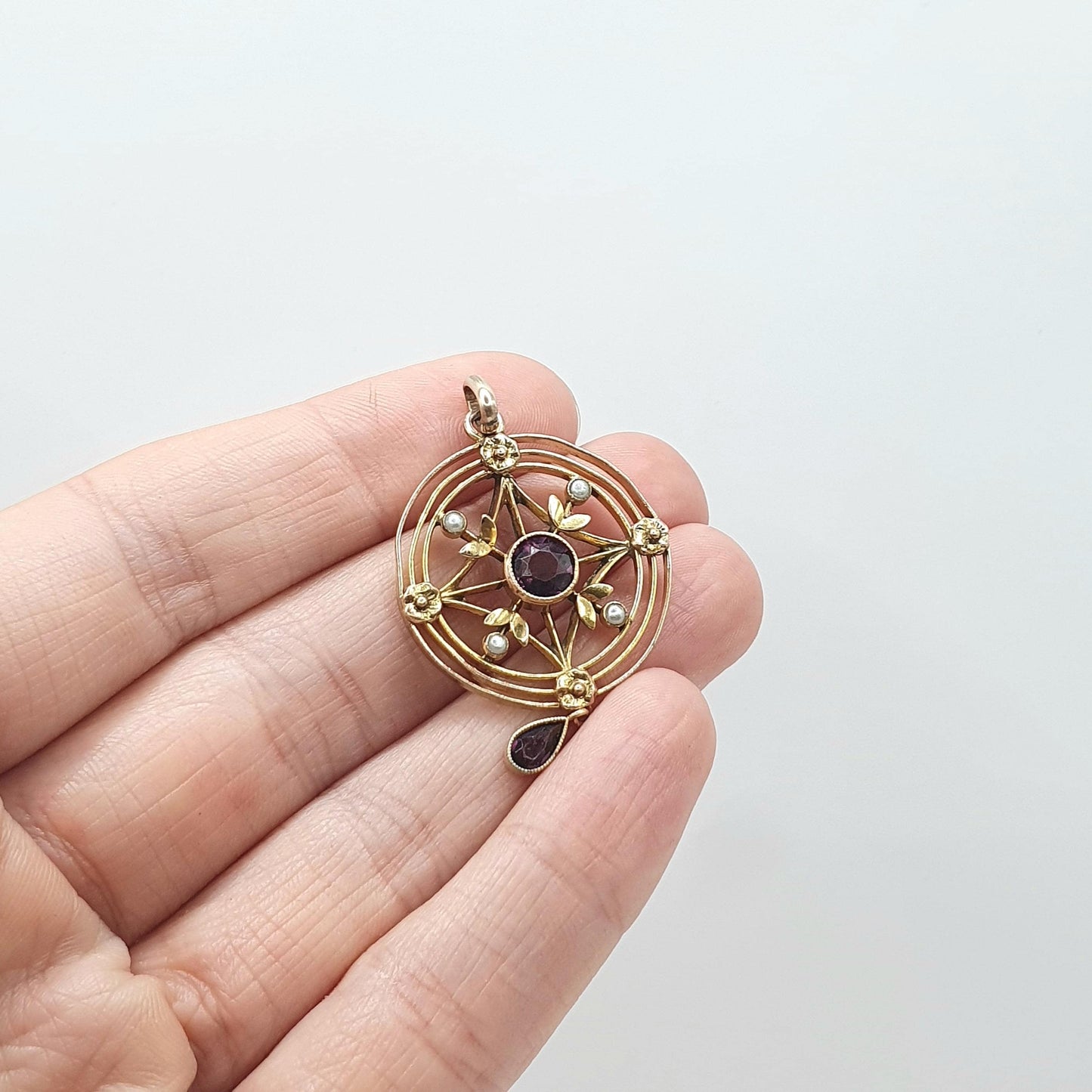 Antique Rolled Gold Amethyst Paste Pendant Faux Pearl Openwork Edwardian Target Art Nouveau Gold Filled Vintage Jewellery Jewelry