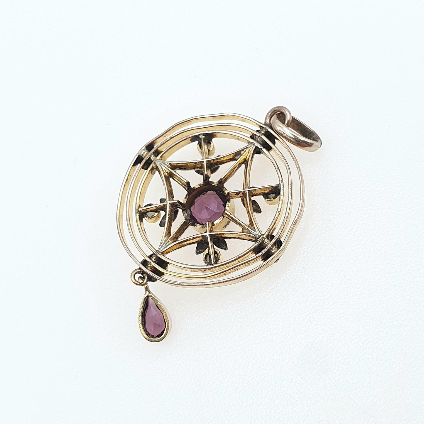 Antique Rolled Gold Amethyst Paste Pendant Faux Pearl Openwork Edwardian Target Art Nouveau Gold Filled Vintage Jewellery Jewelry