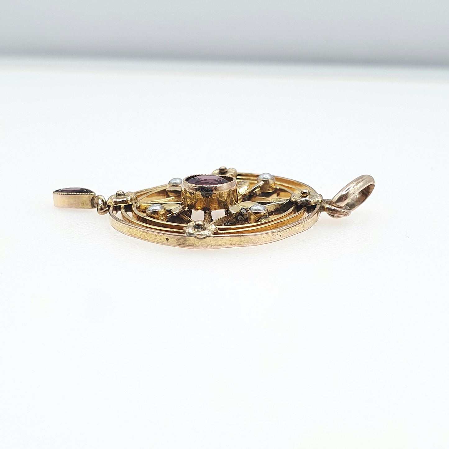 Antique Rolled Gold Amethyst Paste Pendant Faux Pearl Openwork Edwardian Target Art Nouveau Gold Filled Vintage Jewellery Jewelry