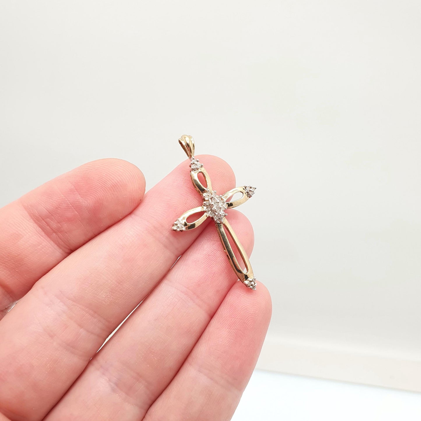 Vintage 9ct Gold Diamond Cross Crucifix Pendant Natural Diamonds Large Big Solid 9k 9kt 375 Necklace Jewelry