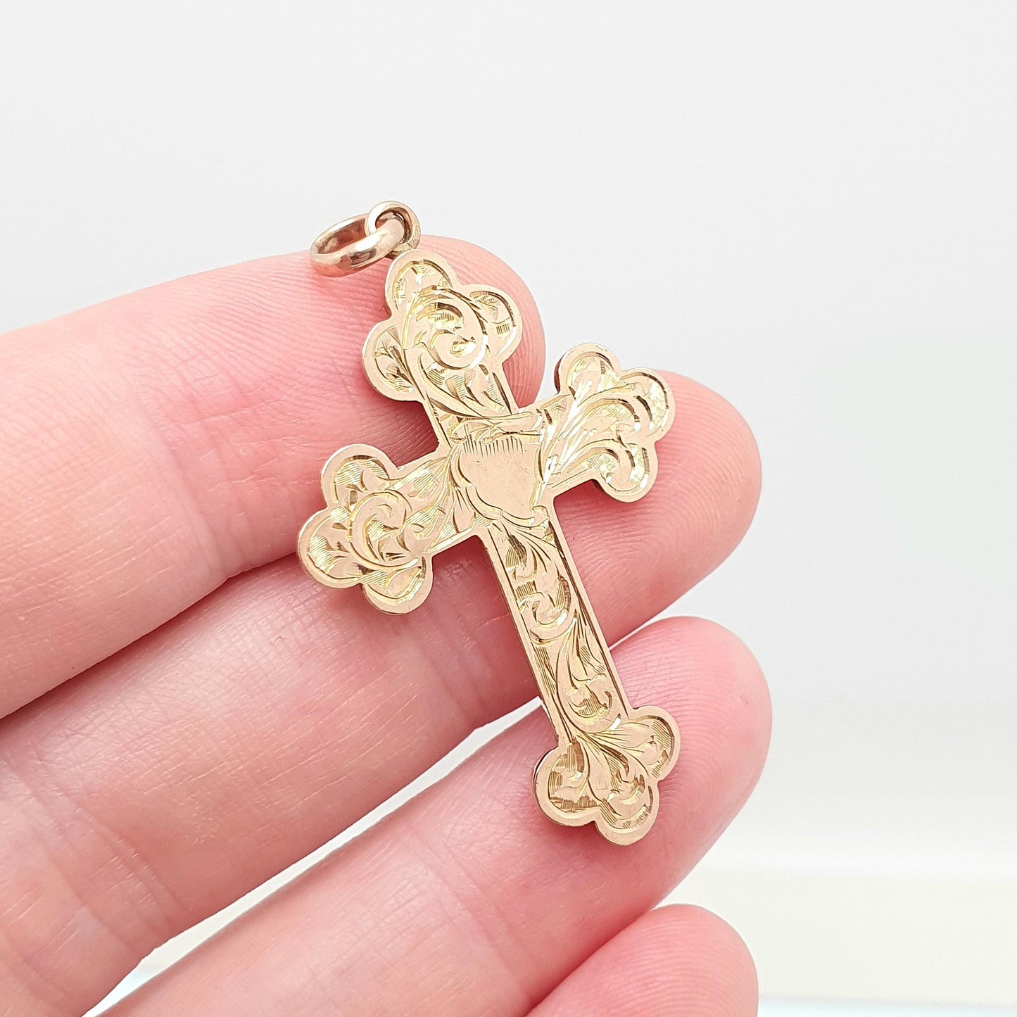 Antique 9ct 9k Rose Gold Crucifix Necklace Bulbed Cross Pendant 1906 Hallmark Engraved Solid 9kt Vintage Womens Mens Jewellery Jewelry