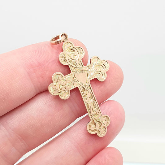 Antique 9ct 9k Rose Gold Crucifix Necklace Bulbed Cross Pendant 1906 Hallmark Engraved Solid 9kt Vintage Womens Mens Jewellery Jewelry