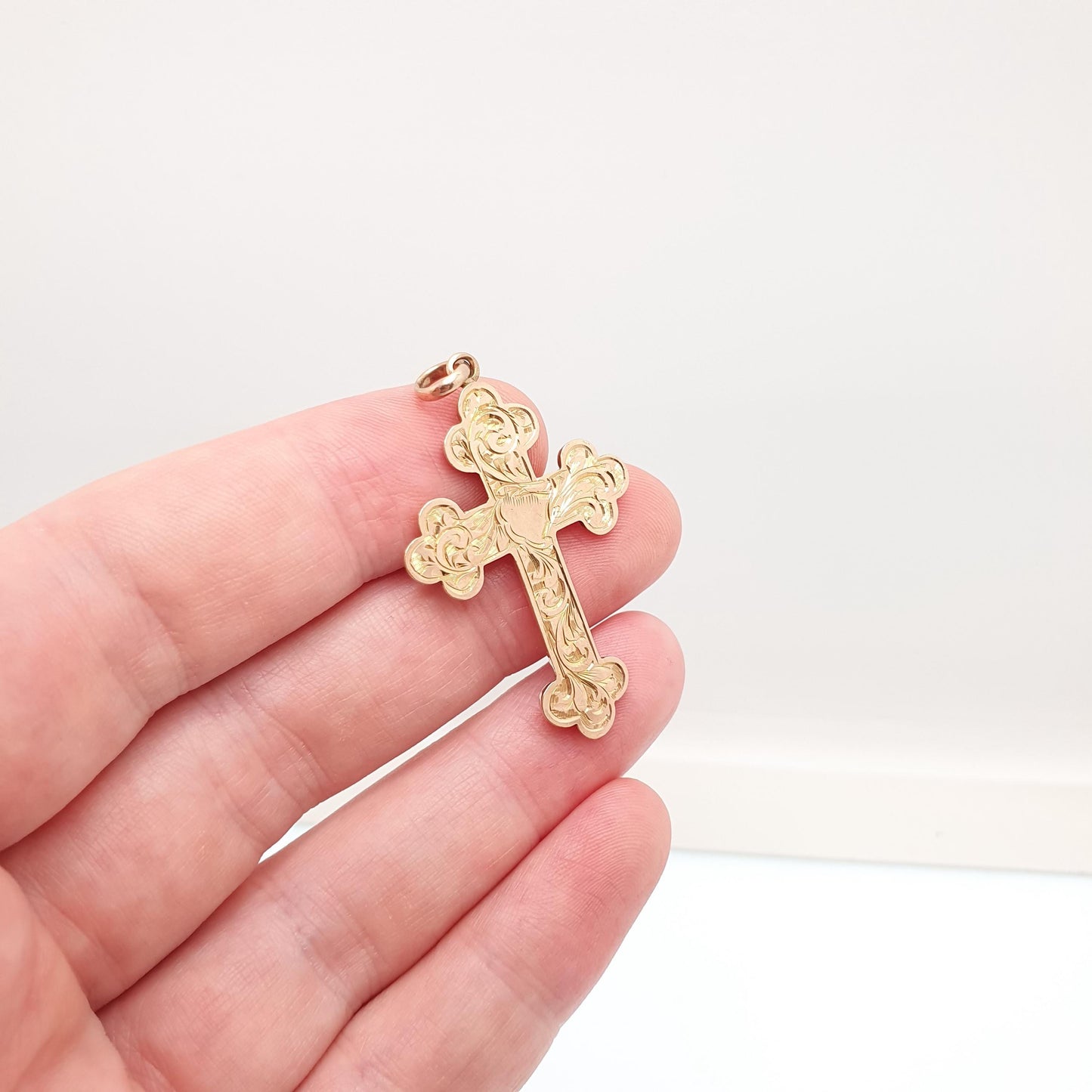Antique 9ct 9k Rose Gold Crucifix Necklace Bulbed Cross Pendant 1906 Hallmark Engraved Solid 9kt Vintage Womens Mens Jewellery Jewelry
