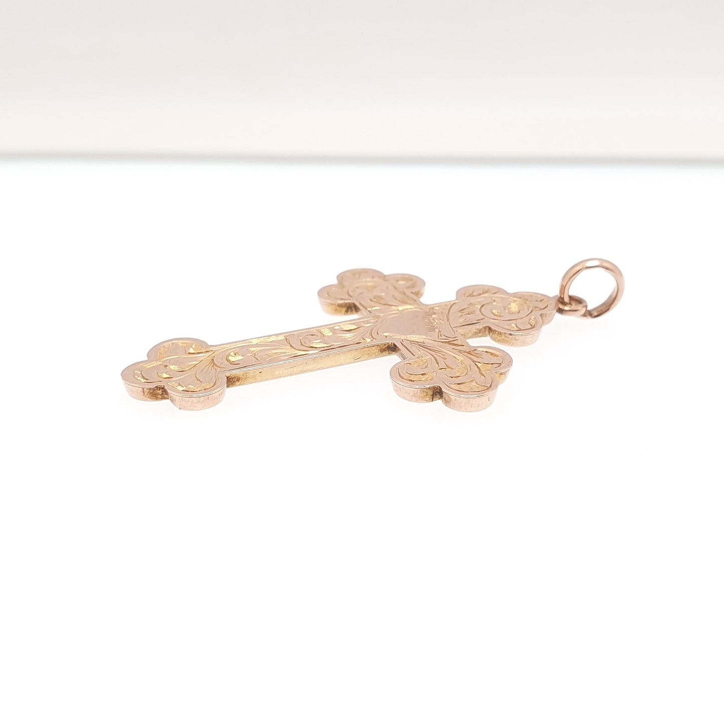 Antique 9ct 9k Rose Gold Crucifix Necklace Bulbed Cross Pendant 1906 Hallmark Engraved Solid 9kt Vintage Womens Mens Jewellery Jewelry