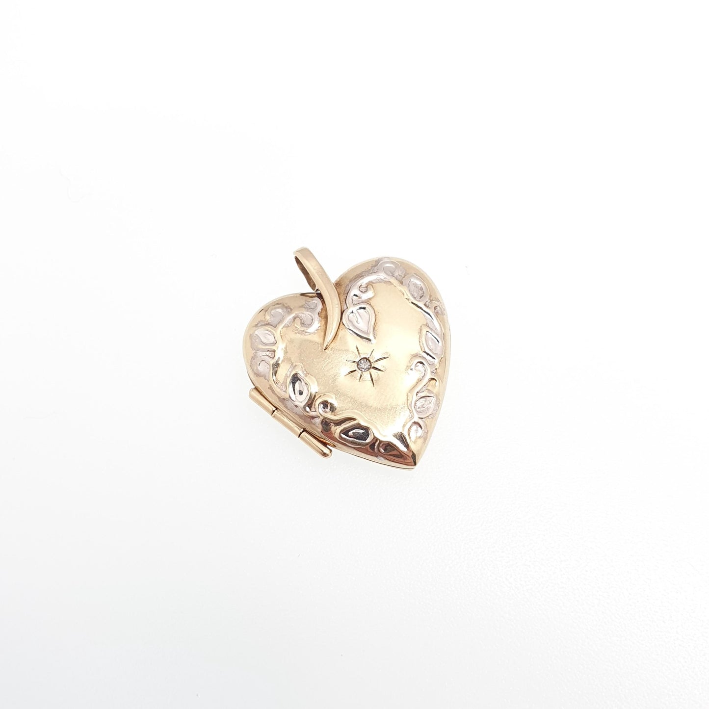 Vintage Solid 9ct 9k Gold Diamond Heart Locket Star Centre White Gold Highlights Necklace Photo Picture Pendant Jewelry Jewellery