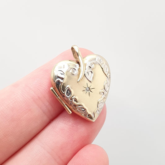 Vintage Solid 9ct 9k Gold Diamond Heart Locket Star Centre White Gold Highlights Necklace Photo Picture Pendant Jewelry Jewellery