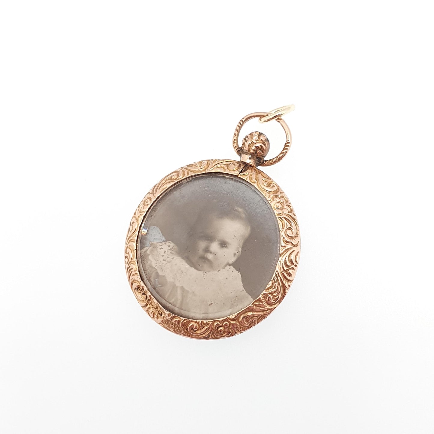 Antique 9ct 375 Gold Locket Pendant Round Necklace Double Sided Embossed Border 1905 Hallmark Photo Solid 9k Vintage Round Jewelry Jewellery