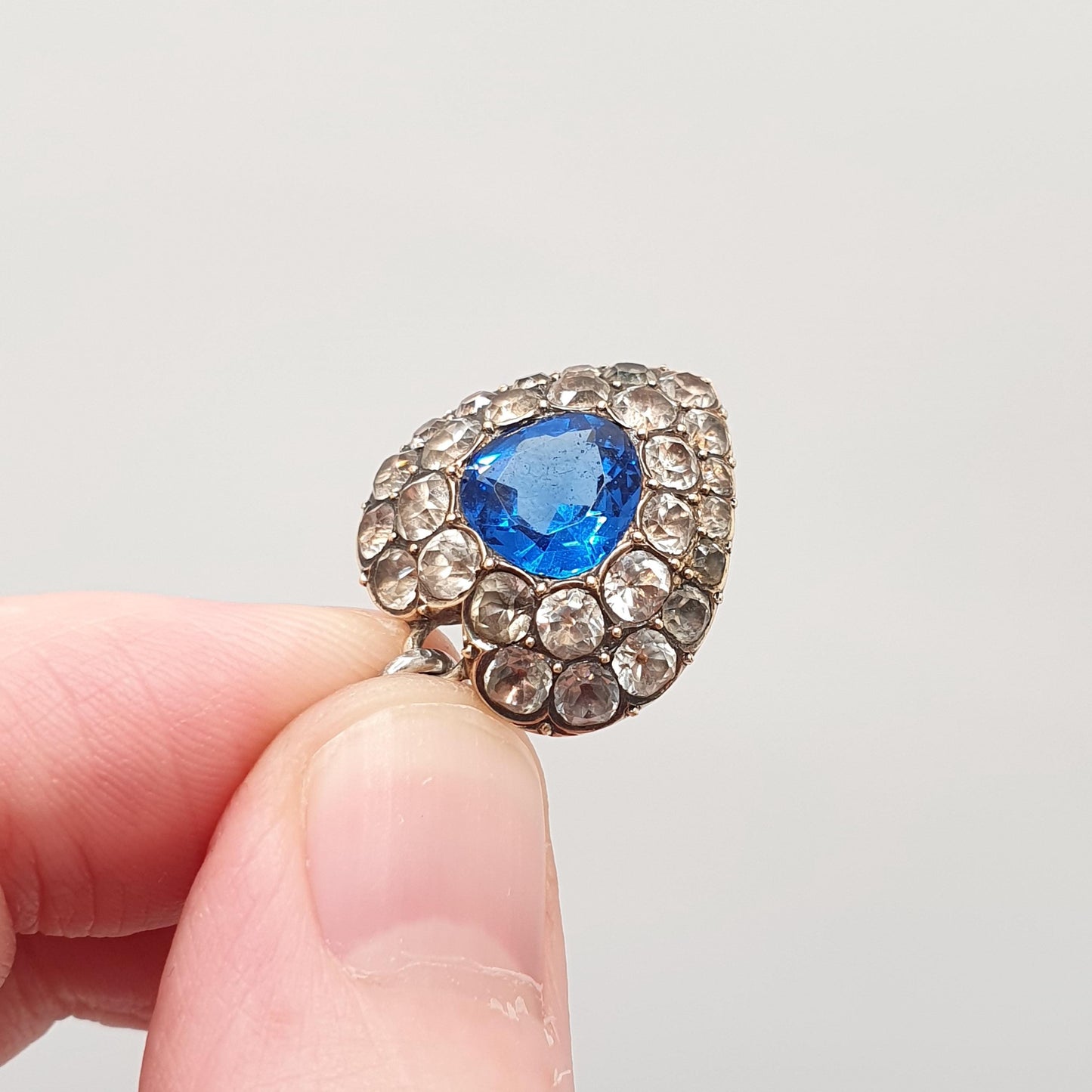 Antique Solid Silver Sapphire Diamond Paste Puffer Heart Pendant Necklace Victorian Gold Vermeil Old Cut Vintage Jewellery Jewelry