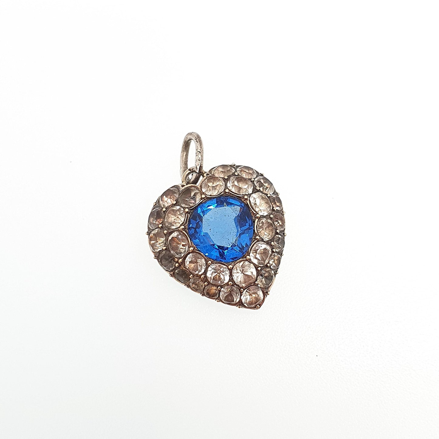 Antique Solid Silver Sapphire Diamond Paste Puffer Heart Pendant Necklace Victorian Gold Vermeil Old Cut Vintage Jewellery Jewelry