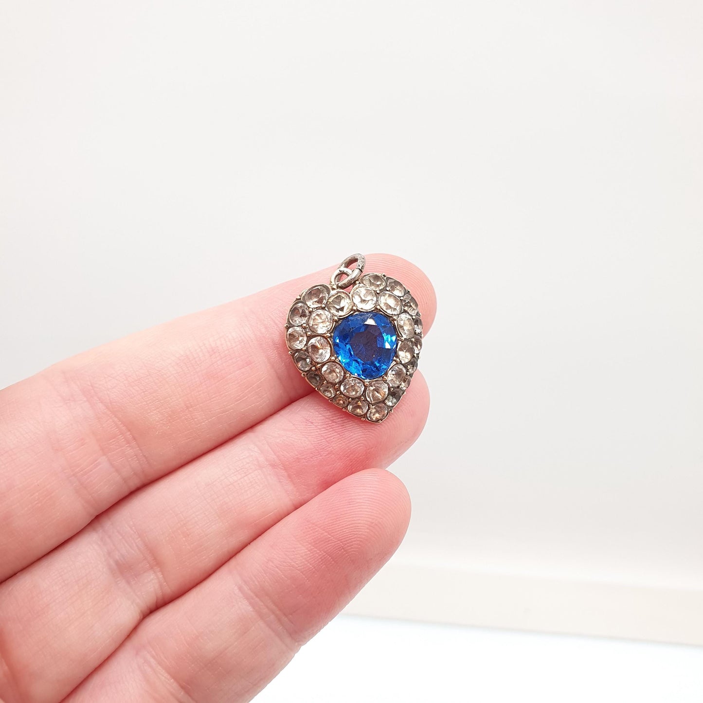 Antique Solid Silver Sapphire Diamond Paste Puffer Heart Pendant Necklace Victorian Gold Vermeil Old Cut Vintage Jewellery Jewelry