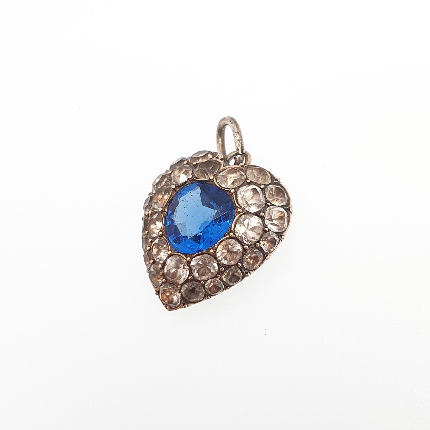 Antique Solid Silver Sapphire Diamond Paste Puffer Heart Pendant Necklace Victorian Gold Vermeil Old Cut Vintage Jewellery Jewelry
