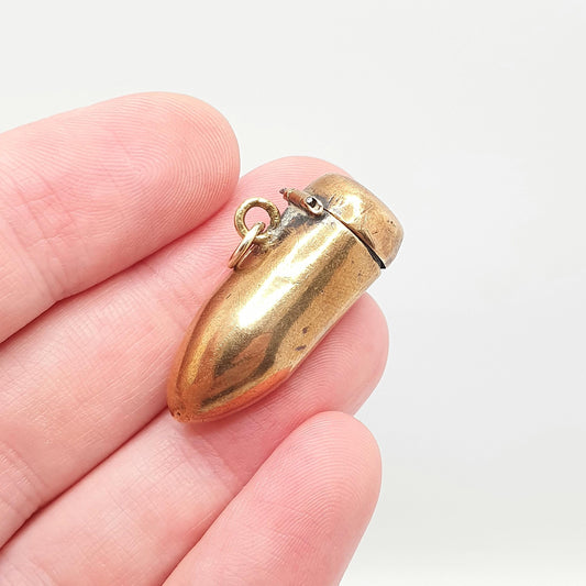 Antique Bullet Shaped Locket Necklace Pendant Gold Tone Base Metal Snuff Pill Box Shooting Gun Round Vintage Mens Womens Jewelry Jewellery