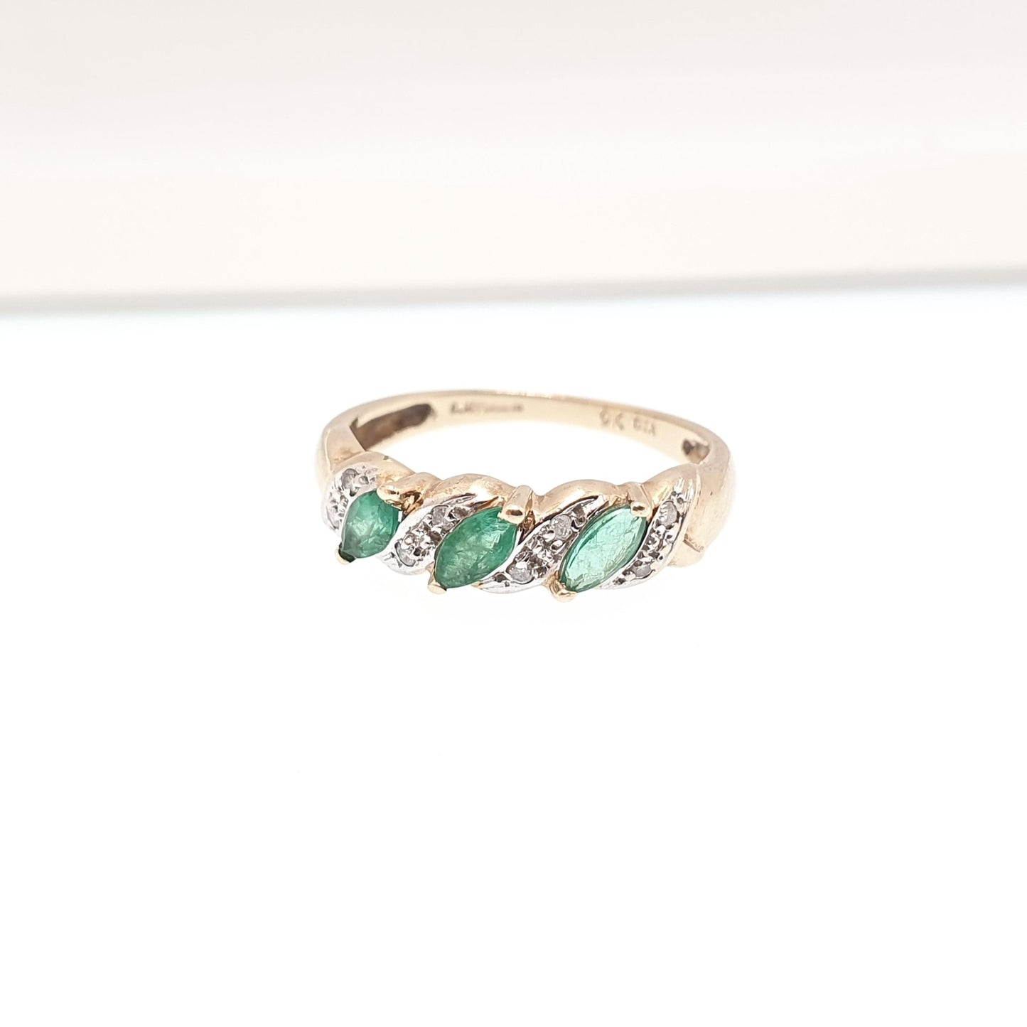 Vintage 9k Gold Emerald Diamond Ring Trilogy Marquise Cut Solid 9ct 375 Retro Genuine Gemstones Real Jewelry Jewellery Womens