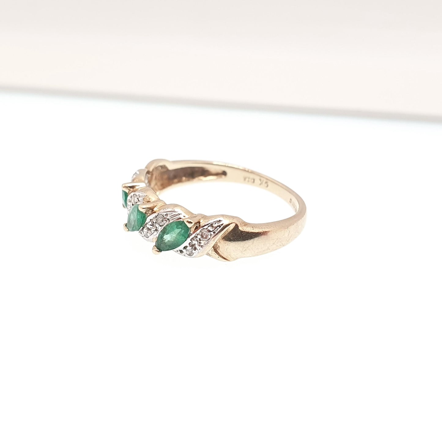 Vintage 9k Gold Emerald Diamond Ring Trilogy Marquise Cut Solid 9ct 375 Retro Genuine Gemstones Real Jewelry Jewellery Womens