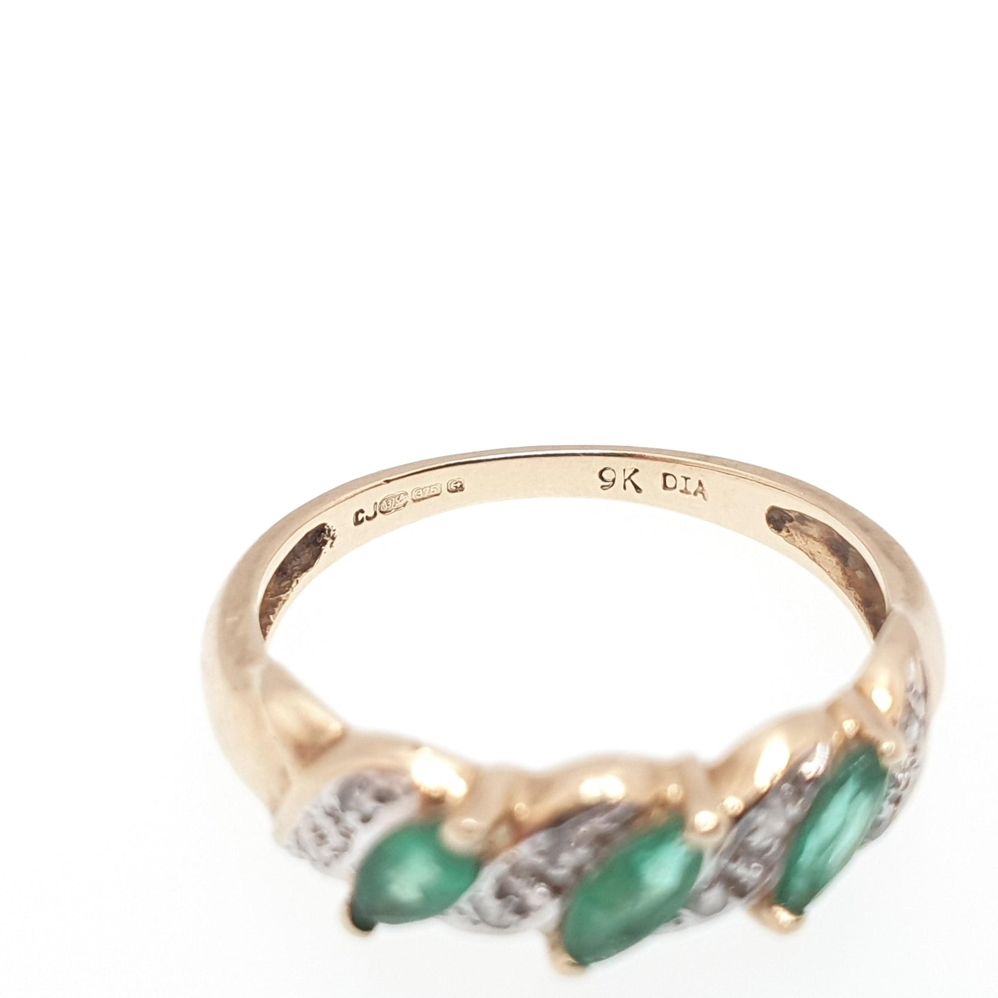 Vintage 9k Gold Emerald Diamond Ring Trilogy Marquise Cut Solid 9ct 375 Retro Genuine Gemstones Real Jewelry Jewellery Womens