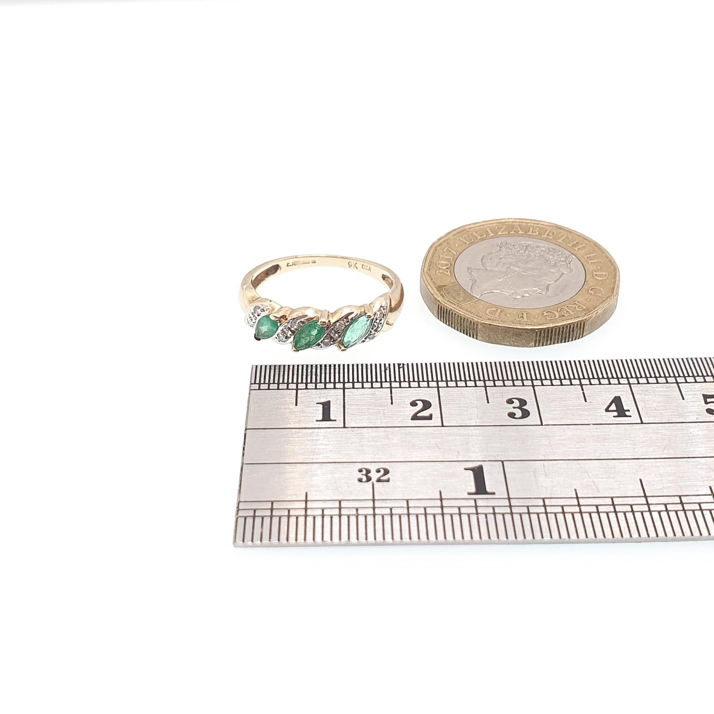 Vintage 9k Gold Emerald Diamond Ring Trilogy Marquise Cut Solid 9ct 375 Retro Genuine Gemstones Real Jewelry Jewellery Womens