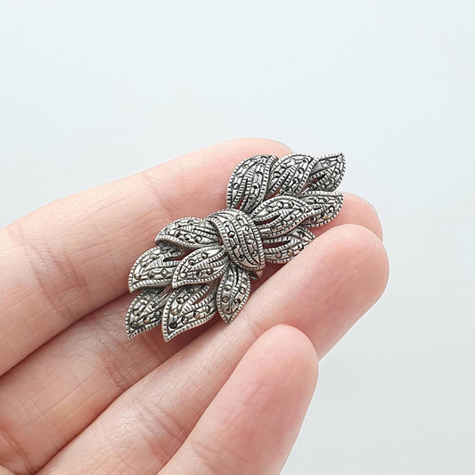 Vintage Sterling Silver Marcasite Brooch Leaf Spray Art Deco Style Sparkly Womens Jewelry Jewellery Mens Unisex