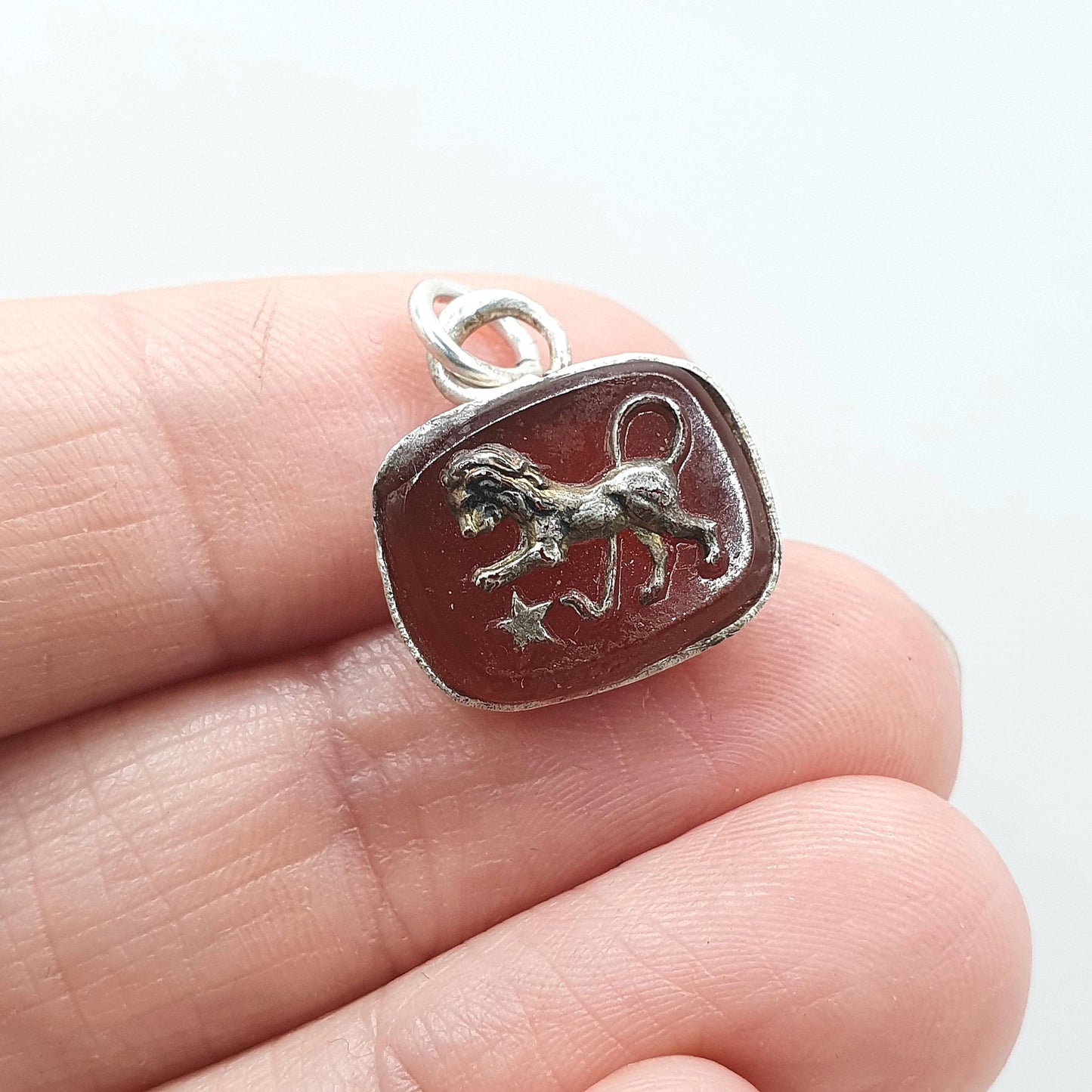 Antique Solid Silver Leo Zodiac Pendant Glass Cameo Lion July August Star Sign Art Deco Vintage Mens Womens Jewellery Jewelry