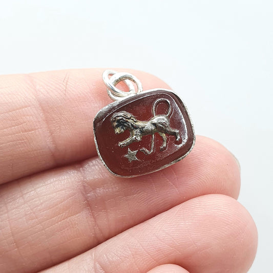 Antique Solid Silver Leo Zodiac Pendant Glass Cameo Lion July August Star Sign Art Deco Vintage Mens Womens Jewellery Jewelry