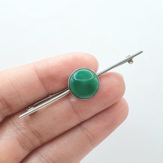 Antique Solid Silver Ruskin Style Brooch Green Ceramic Circle Bar Pin Emerald Green Vintage Womens Jewelry Jewellery