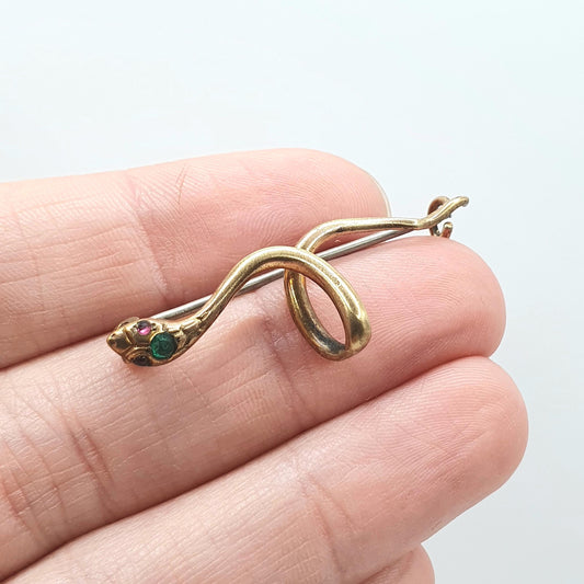 Antique Victorian 18ct Rolled Gold Snake Brooch Ruby and Emerald Paste Vintage Gold Filled Pin Womens Ladies Jewelry Jewellery