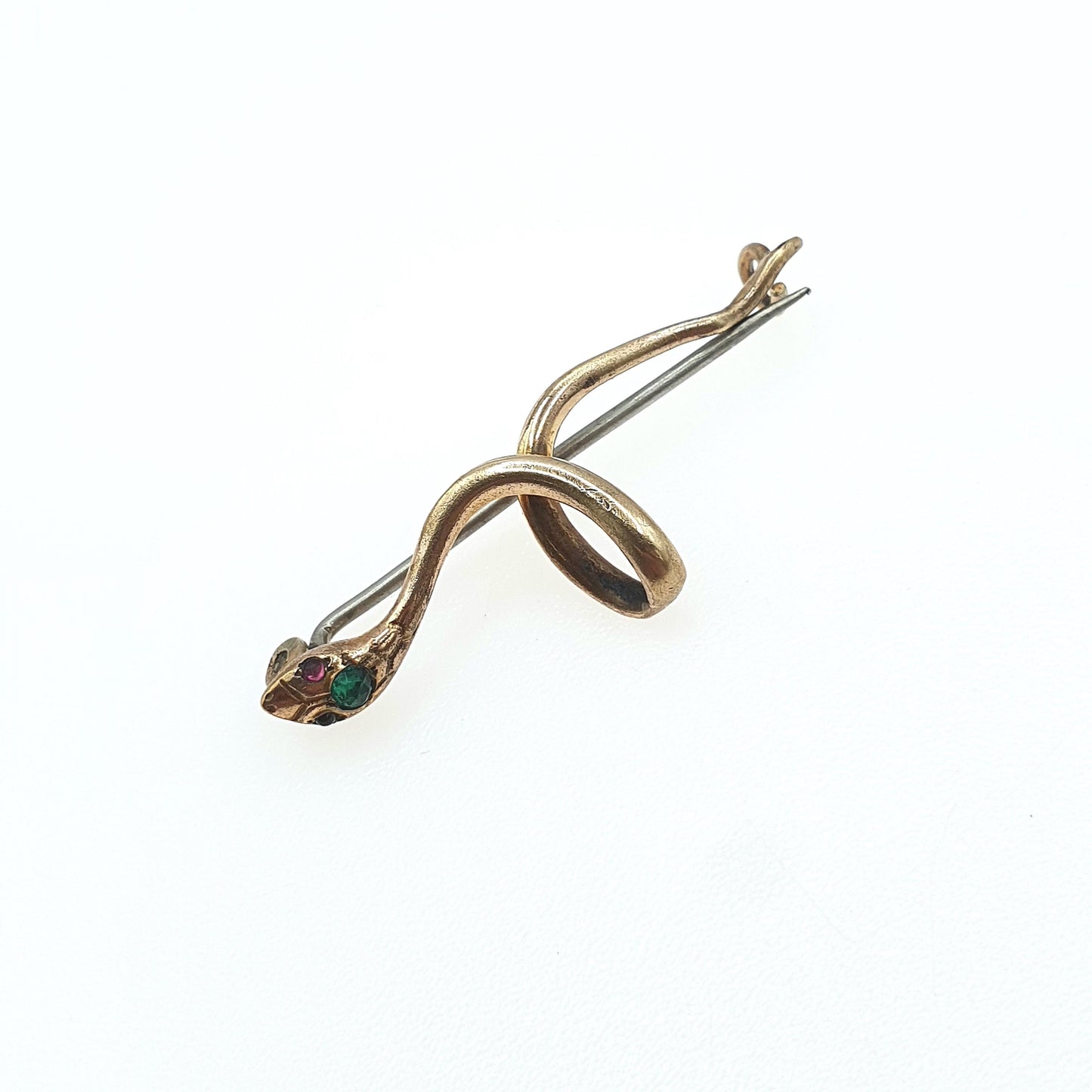 Antique Victorian 18ct Rolled Gold Snake Brooch Ruby and Emerald Paste Vintage Gold Filled Pin Womens Ladies Jewelry Jewellery