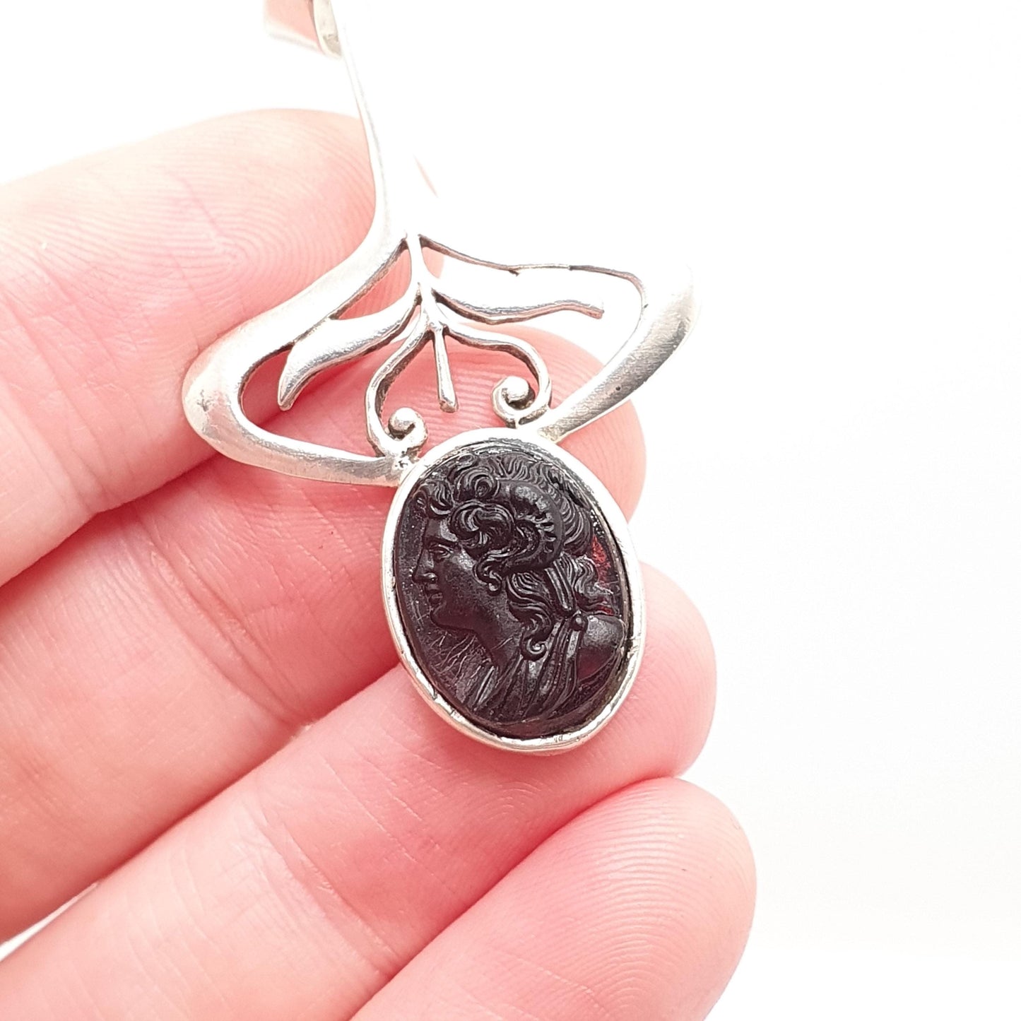 Antique Sterling Silver Glass Cameo Pendant Art Nouveau Faux Garnet Necklace Vintage Jewellery Jewelry