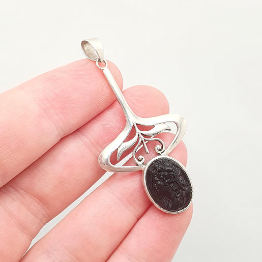 Antique Sterling Silver Glass Cameo Pendant Art Nouveau Faux Garnet Necklace Vintage Jewellery Jewelry